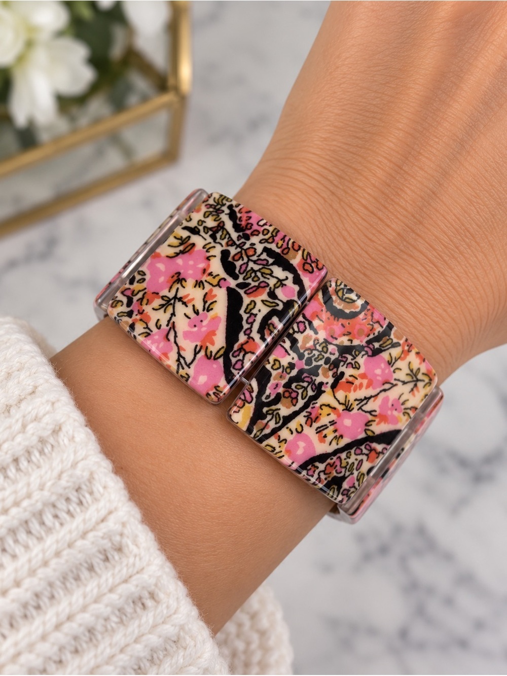Acrylic Colorful Floral Hexagonal‎ Stretch Bracelet